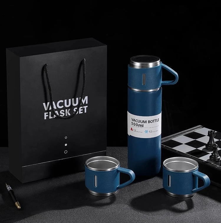 Caneca Kit Garrafa Térmica Vacuum Bottle Inox 500ml + Xícaras Bebidas Fria ou Quente