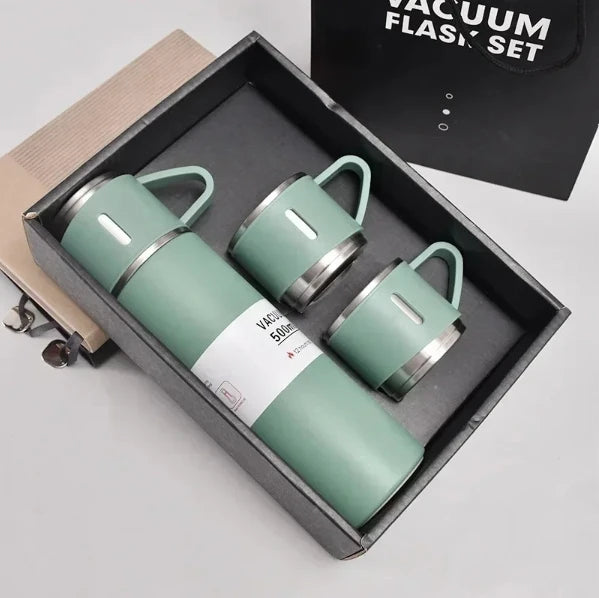 Caneca Kit Garrafa Térmica Vacuum Bottle Inox 500ml + Xícaras Bebidas Fria ou Quente
