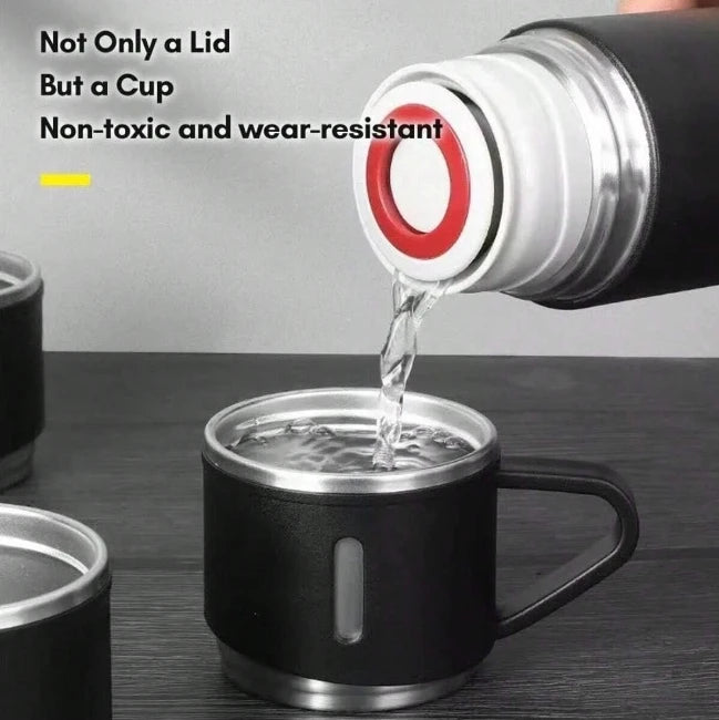 Caneca Kit Garrafa Térmica Vacuum Bottle Inox 500ml + Xícaras Bebidas Fria ou Quente