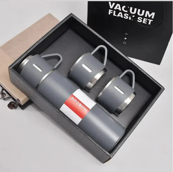 Caneca Kit Garrafa Térmica Vacuum Bottle Inox 500ml + Xícaras Bebidas Fria ou Quente