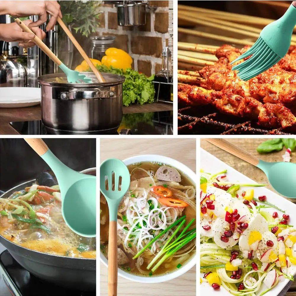 Conjunto de Utensílios de Cozinha em Silicone LMETJMA - Resistente até 230°C com Espátula Pegador Colher Pincel Batedor