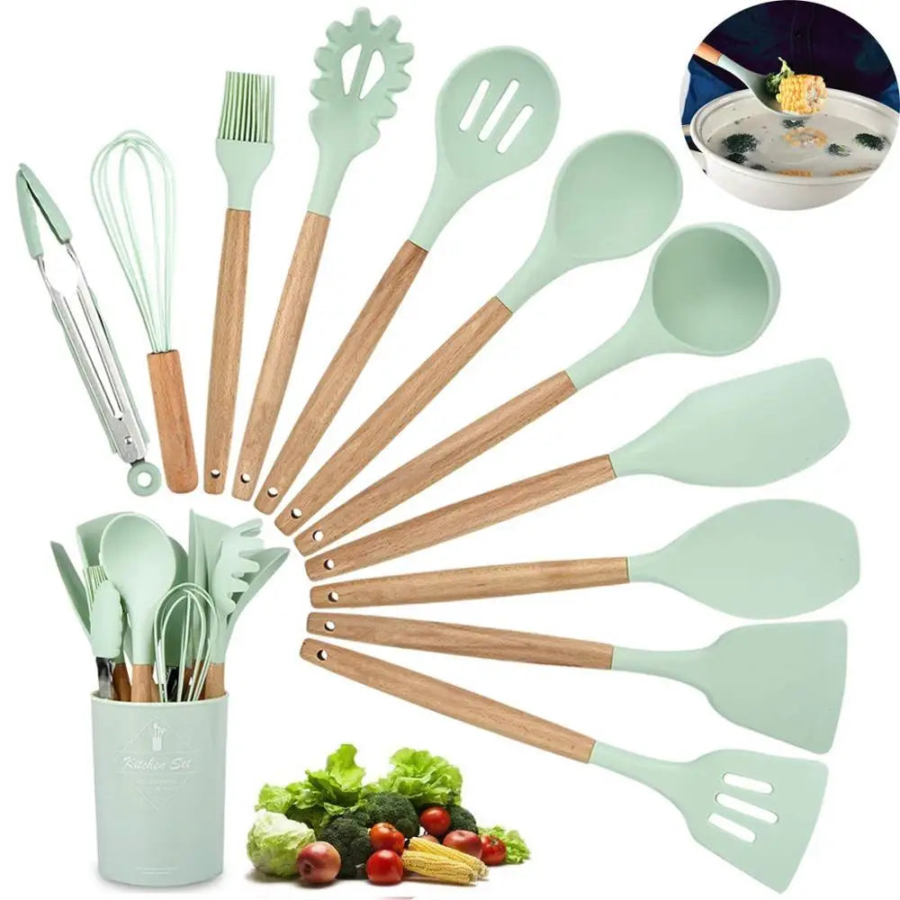 Conjunto de Utensílios de Cozinha em Silicone LMETJMA - Resistente até 230°C com Espátula Pegador Colher Pincel Batedor