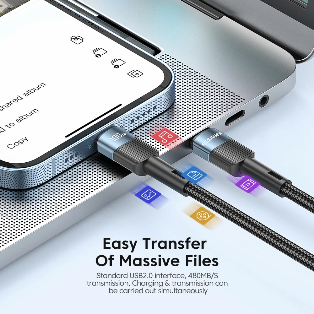 Essager 100W USB Type C To USB C Cable USB-C PD Fast Charging Charger Wire Cord For Macbook Samsung Xiaomi Type-C USBC Cable 3M