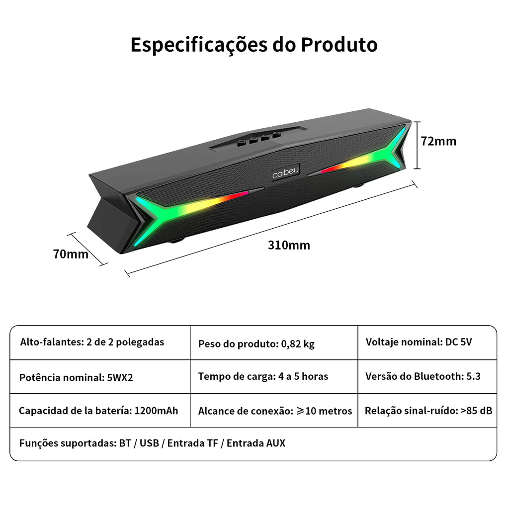 Caixa de Som, Caixa de Som Bluetooth, Caixa de Som Bluetooth Portátil, Caixa de Som para PC, Soundbar, Alto-falante Bluetooth