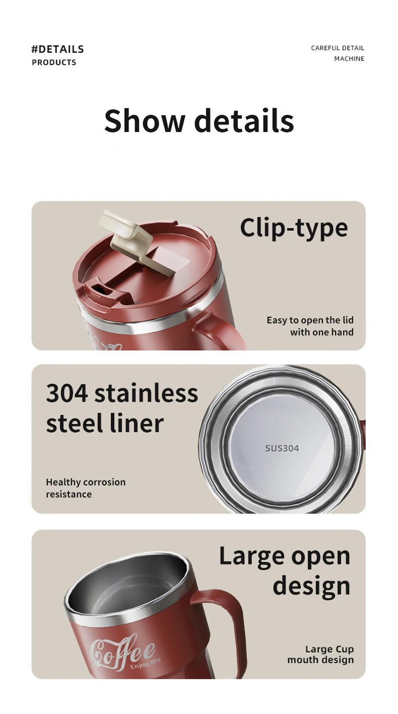 Caneca Térmica WORTHBUY com Tampa e Alça - Aço Inox 304 Parede Dupla Isolada Anti-Queimadura para Café Chá Leite