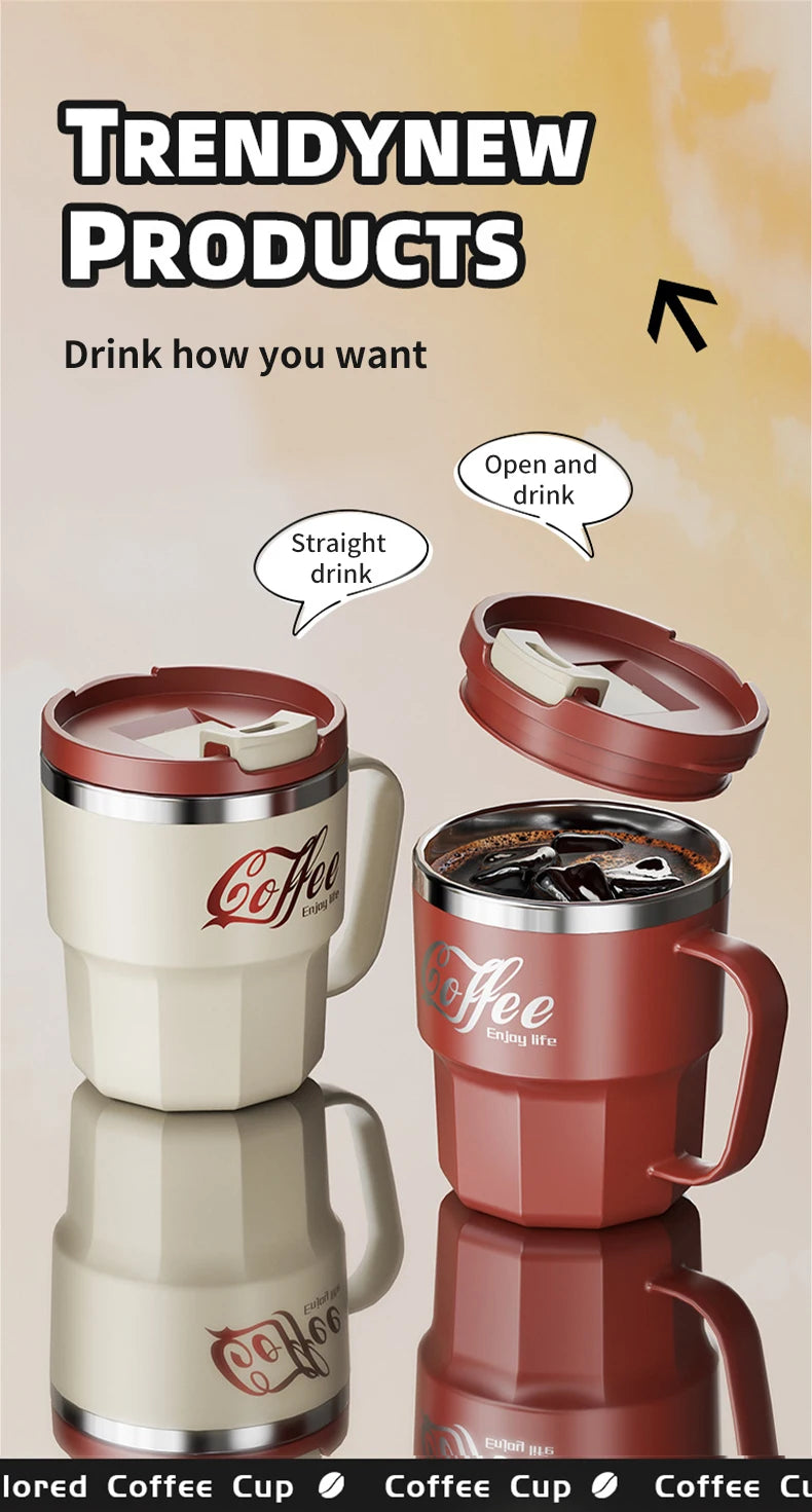 Caneca Térmica WORTHBUY com Tampa e Alça - Aço Inox 304 Parede Dupla Isolada Anti-Queimadura para Café Chá Leite