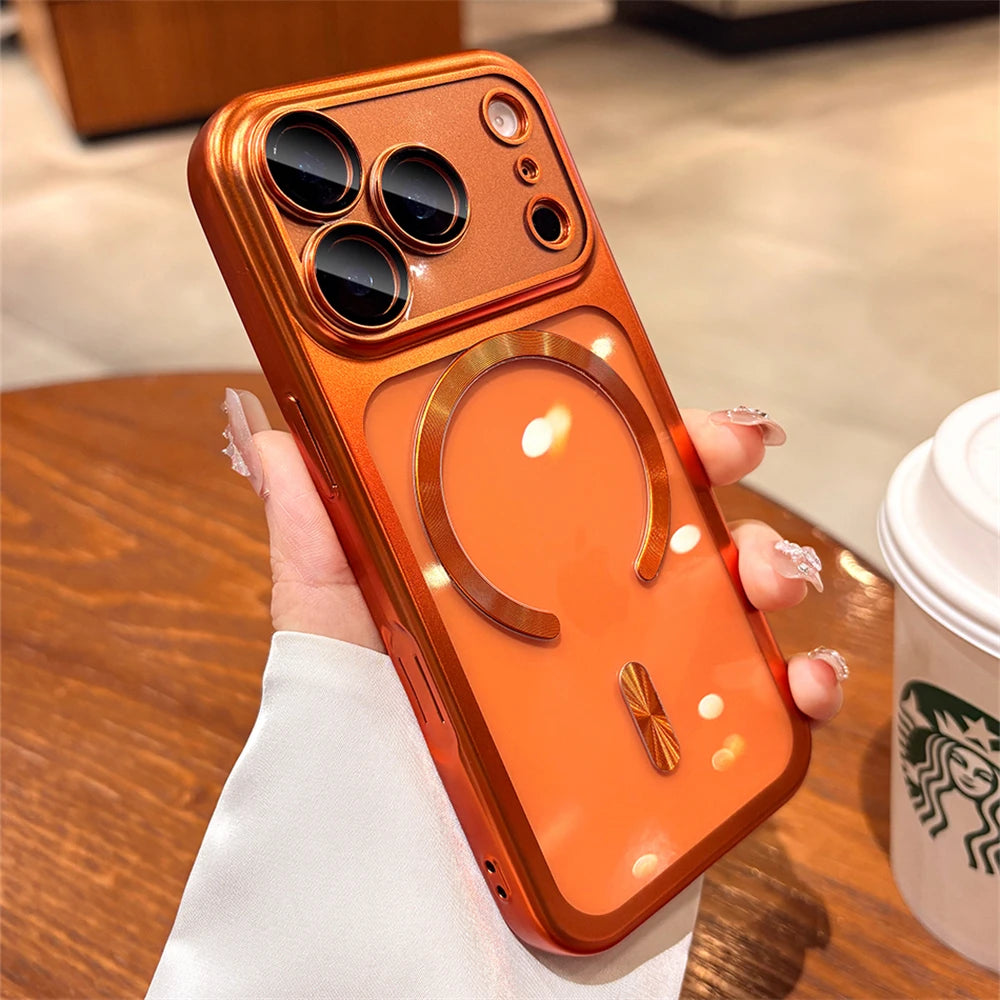 Capa Original Laranja Macia Magnética Transparente para iPhone 17 Pro Max para Magsafe Carregamento Sem Fio Película Protetora de Lente Capa com Revestimento