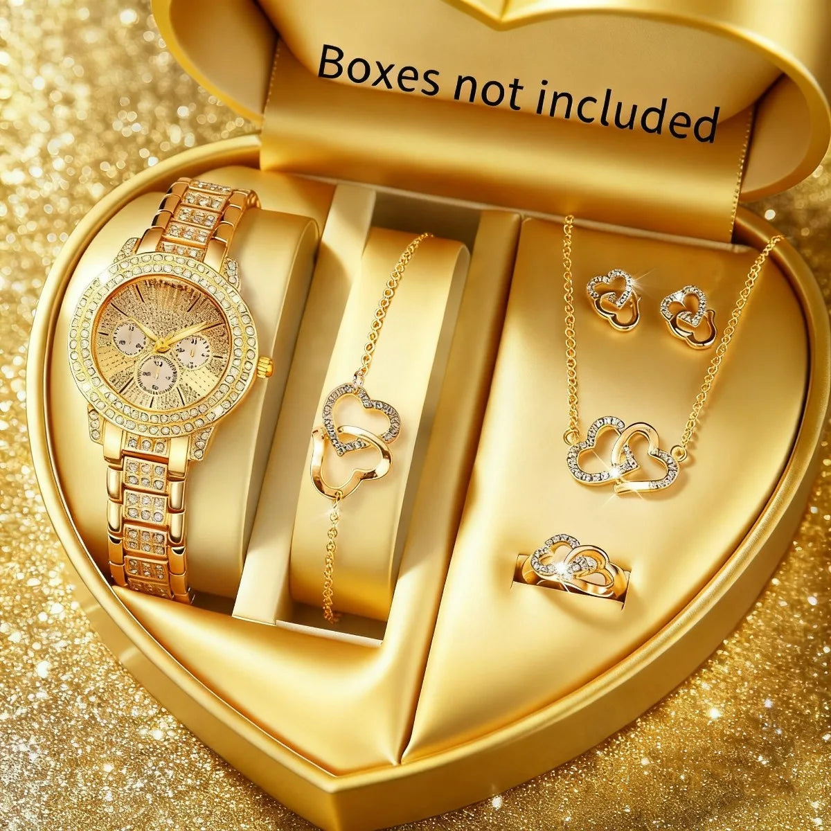 6 Peças Conjunto de Relógio e Joias Feminino com Strass Luxuoso Pulseira de Liga da Moda Relógio de Pulso Quartzo para Mulheres e Meninas (Sem Caixa)