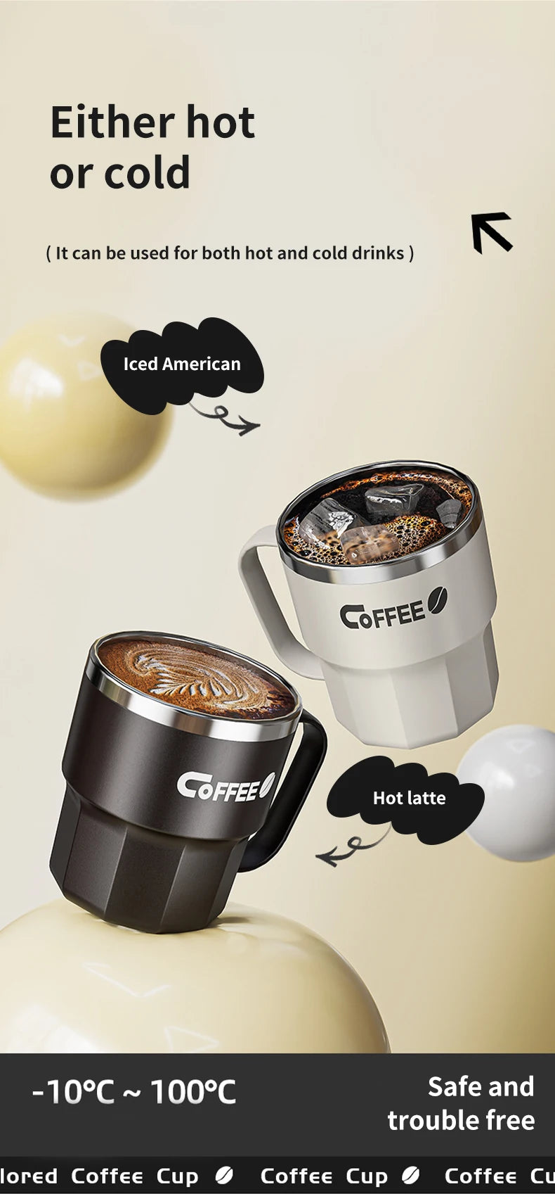 Caneca Térmica WORTHBUY com Tampa e Alça - Aço Inox 304 Parede Dupla Isolada Anti-Queimadura para Café Chá Leite