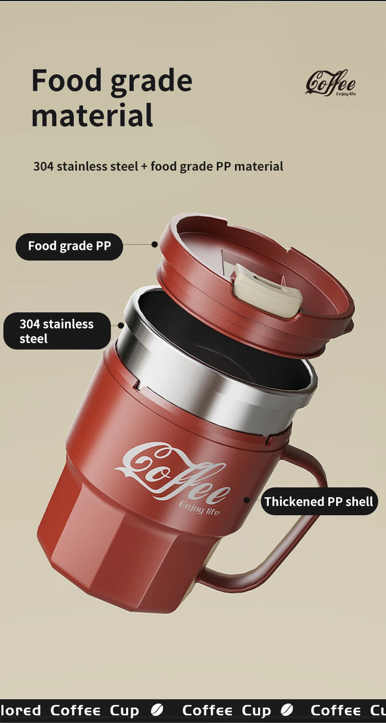 Caneca Térmica WORTHBUY com Tampa e Alça - Aço Inox 304 Parede Dupla Isolada Anti-Queimadura para Café Chá Leite