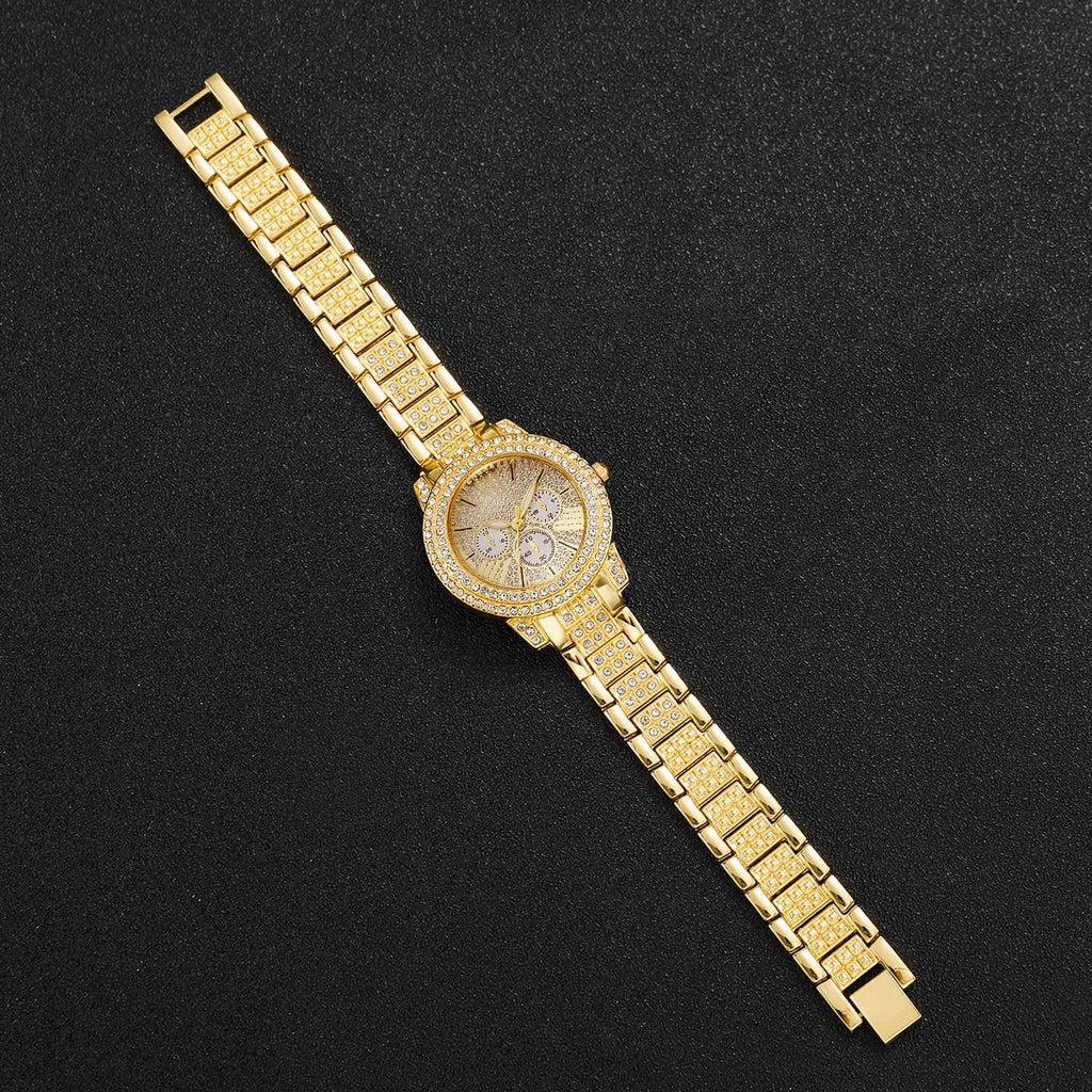 6 Peças Conjunto de Relógio e Joias Feminino com Strass Luxuoso Pulseira de Liga da Moda Relógio de Pulso Quartzo para Mulheres e Meninas (Sem Caixa)