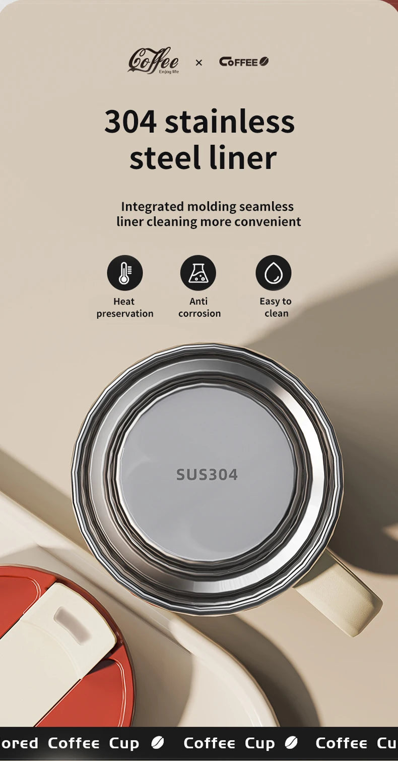 Caneca Térmica WORTHBUY com Tampa e Alça - Aço Inox 304 Parede Dupla Isolada Anti-Queimadura para Café Chá Leite