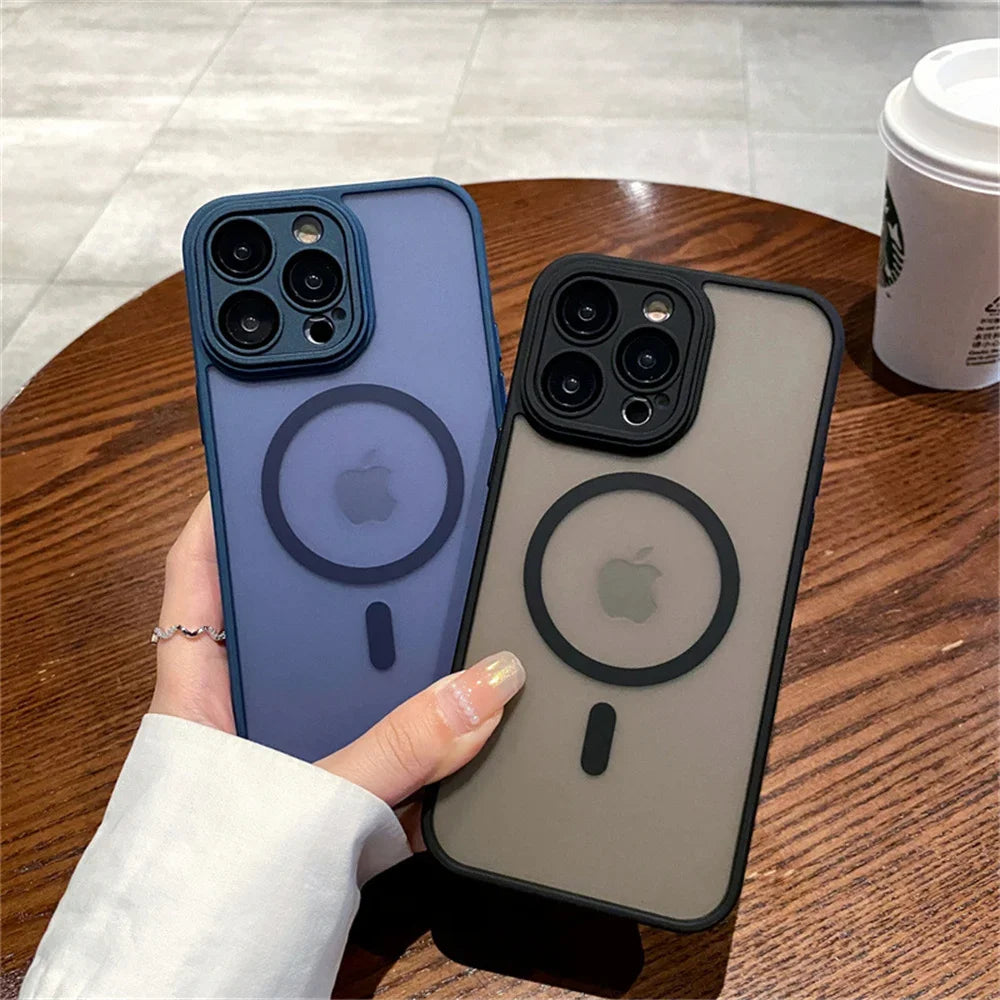 Capa com Proteção de Lente para iPhone 11 12 13 Pro Max mini 15 16 Plus iPhone 16 15 14 Fosca Translúcida Magsafe Carregamento Sem Fio