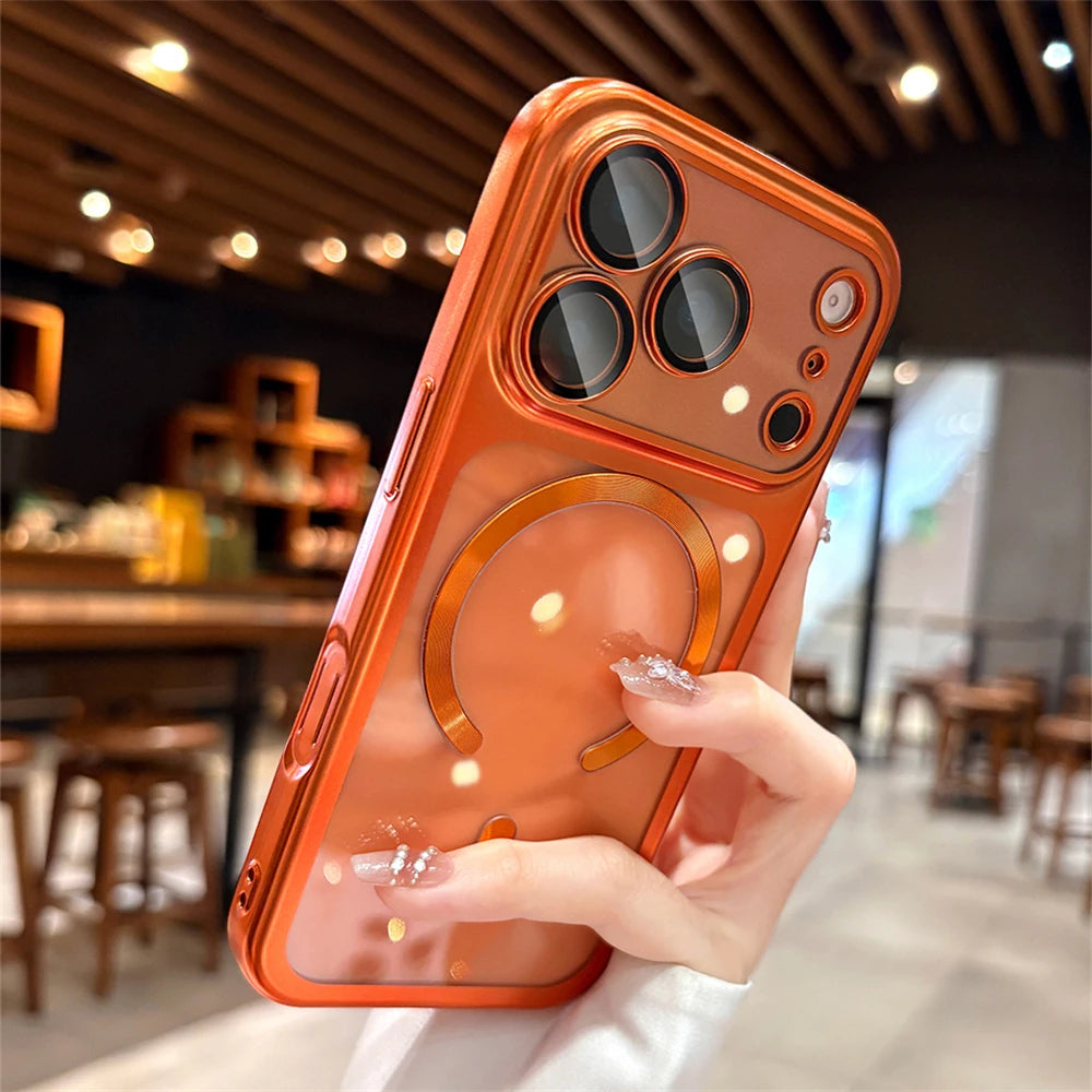 Capa Original Laranja Macia Magnética Transparente para iPhone 17 Pro Max para Magsafe Carregamento Sem Fio Película Protetora de Lente Capa com Revestimento