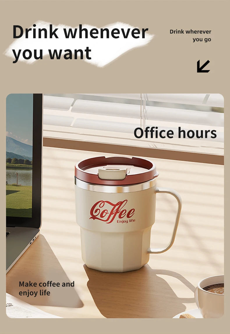 Caneca Térmica WORTHBUY com Tampa e Alça - Aço Inox 304 Parede Dupla Isolada Anti-Queimadura para Café Chá Leite