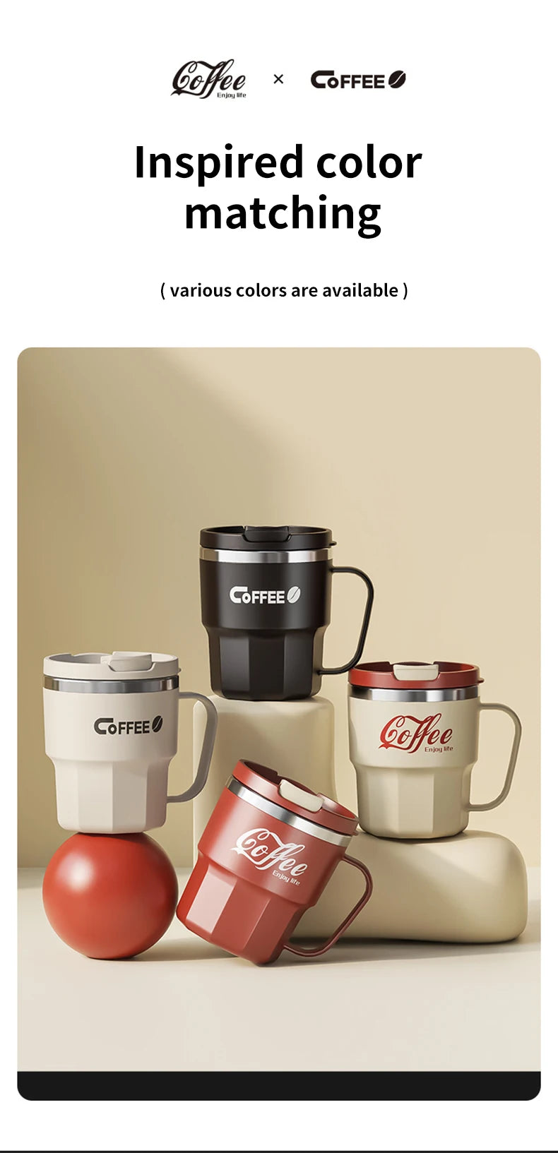 Caneca Térmica WORTHBUY com Tampa e Alça - Aço Inox 304 Parede Dupla Isolada Anti-Queimadura para Café Chá Leite