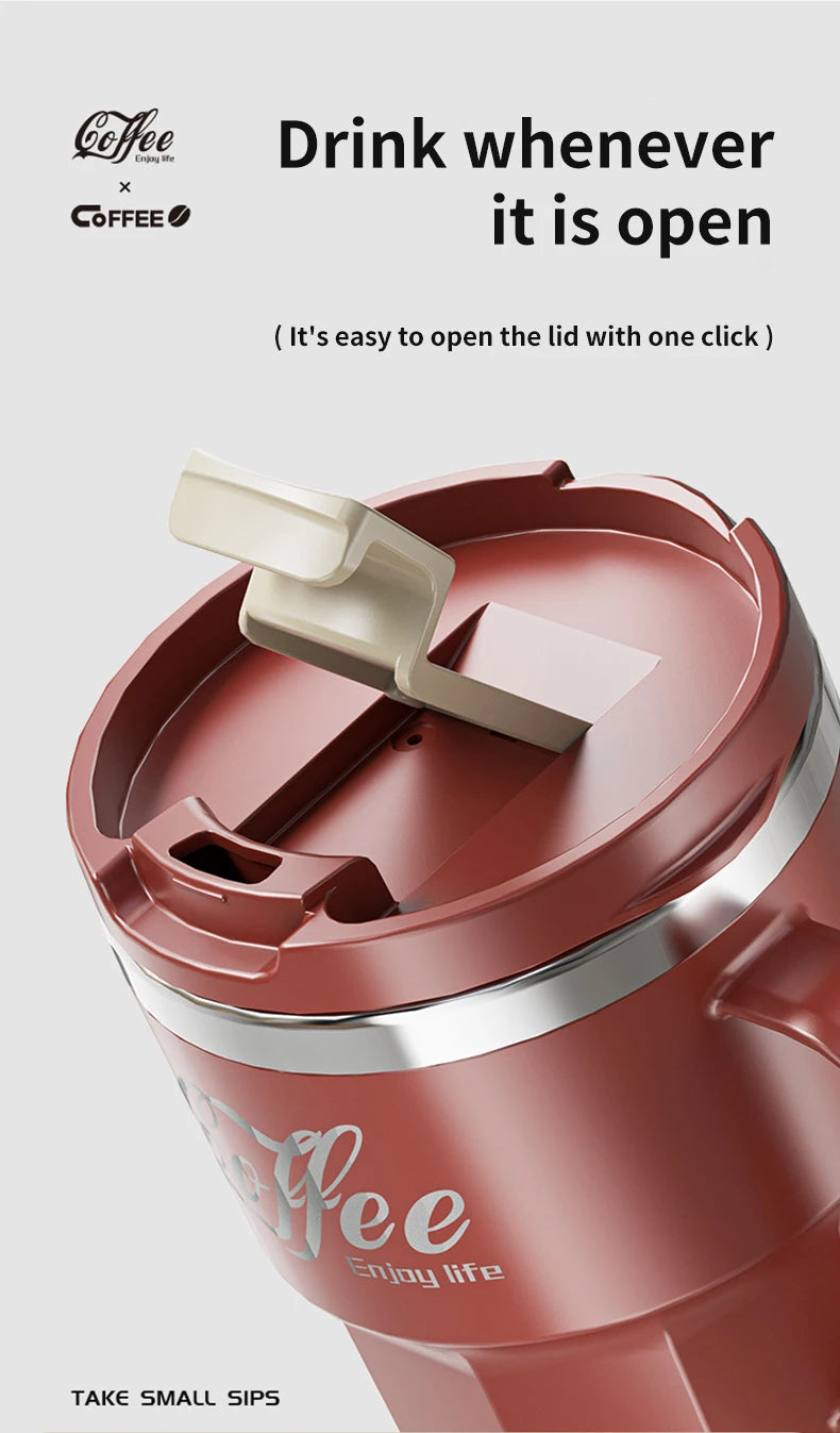 Caneca Térmica WORTHBUY com Tampa e Alça - Aço Inox 304 Parede Dupla Isolada Anti-Queimadura para Café Chá Leite