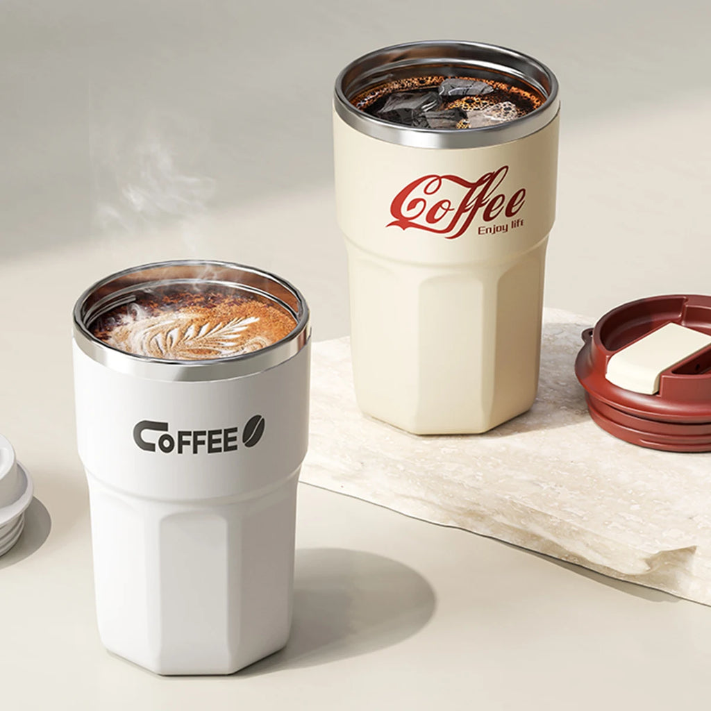 Caneca Térmica WORTHBUY com Tampa e Alça - Aço Inox 304 Parede Dupla Isolada Anti-Queimadura para Café Chá Leite