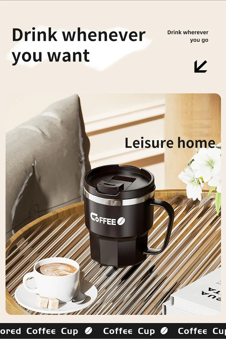 Caneca Térmica WORTHBUY com Tampa e Alça - Aço Inox 304 Parede Dupla Isolada Anti-Queimadura para Café Chá Leite