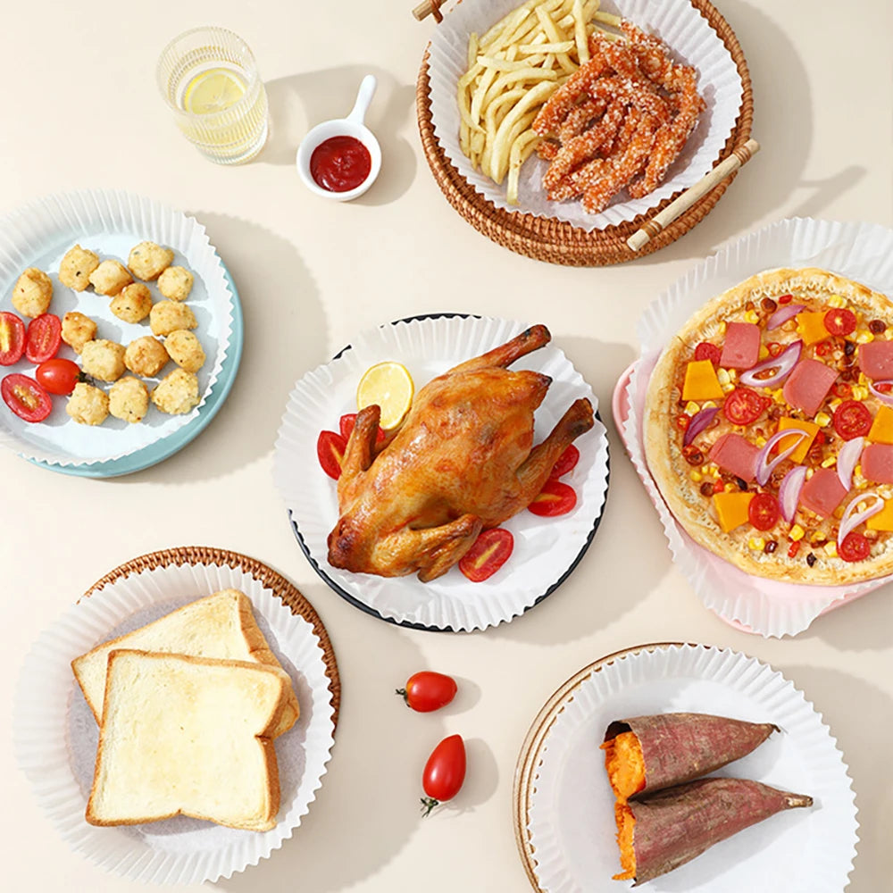 50/100 Unidades Papel Descartável para Air Fryer Antiaderente Forros Redondos para Fritadeira Elétrica Acessórios de Cozinha