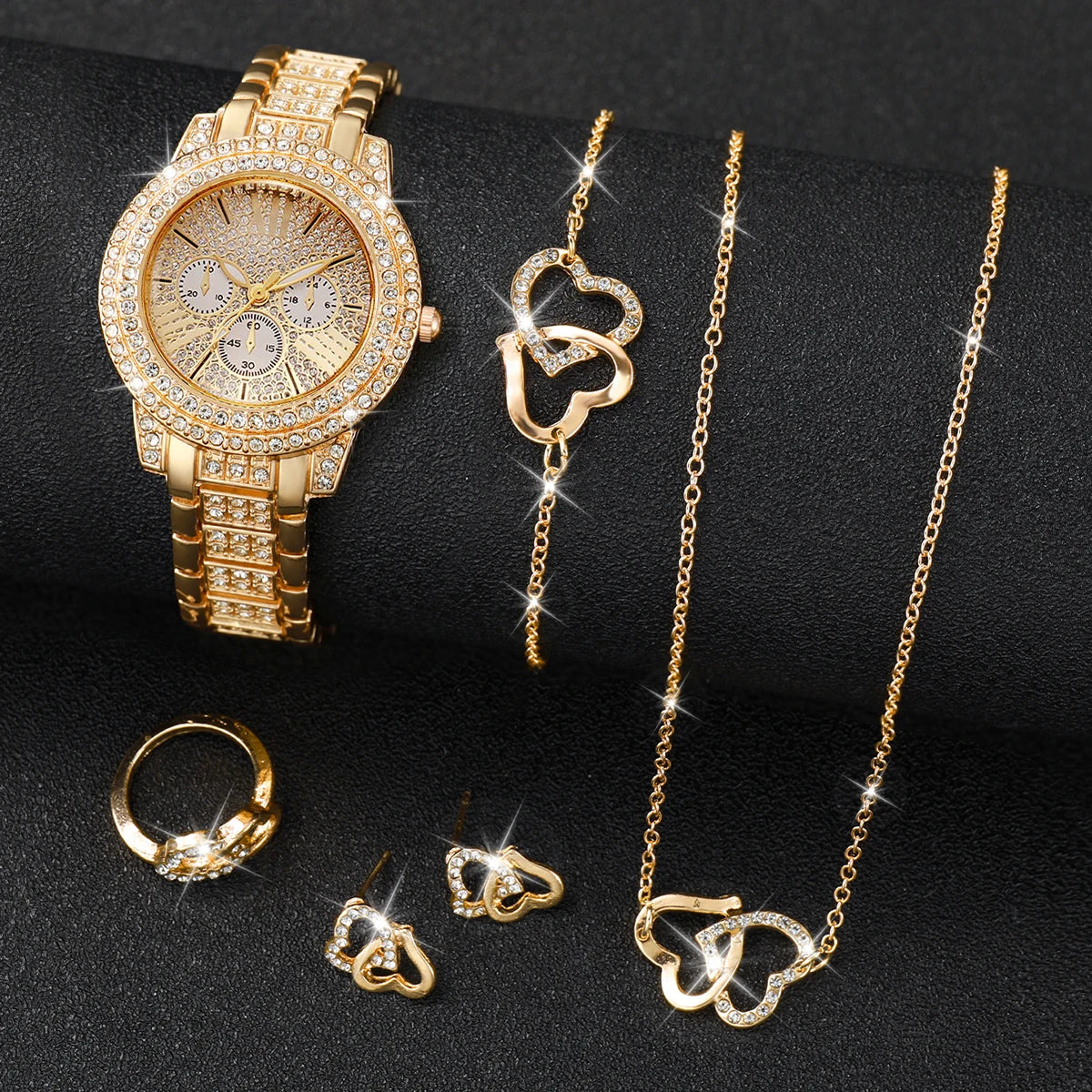 6 Peças Conjunto de Relógio e Joias Feminino com Strass Luxuoso Pulseira de Liga da Moda Relógio de Pulso Quartzo para Mulheres e Meninas (Sem Caixa)