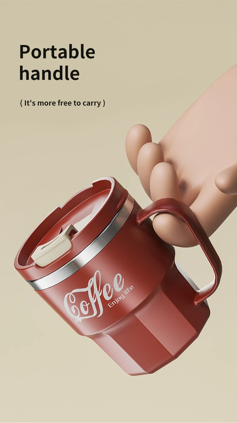 Caneca Térmica WORTHBUY com Tampa e Alça - Aço Inox 304 Parede Dupla Isolada Anti-Queimadura para Café Chá Leite